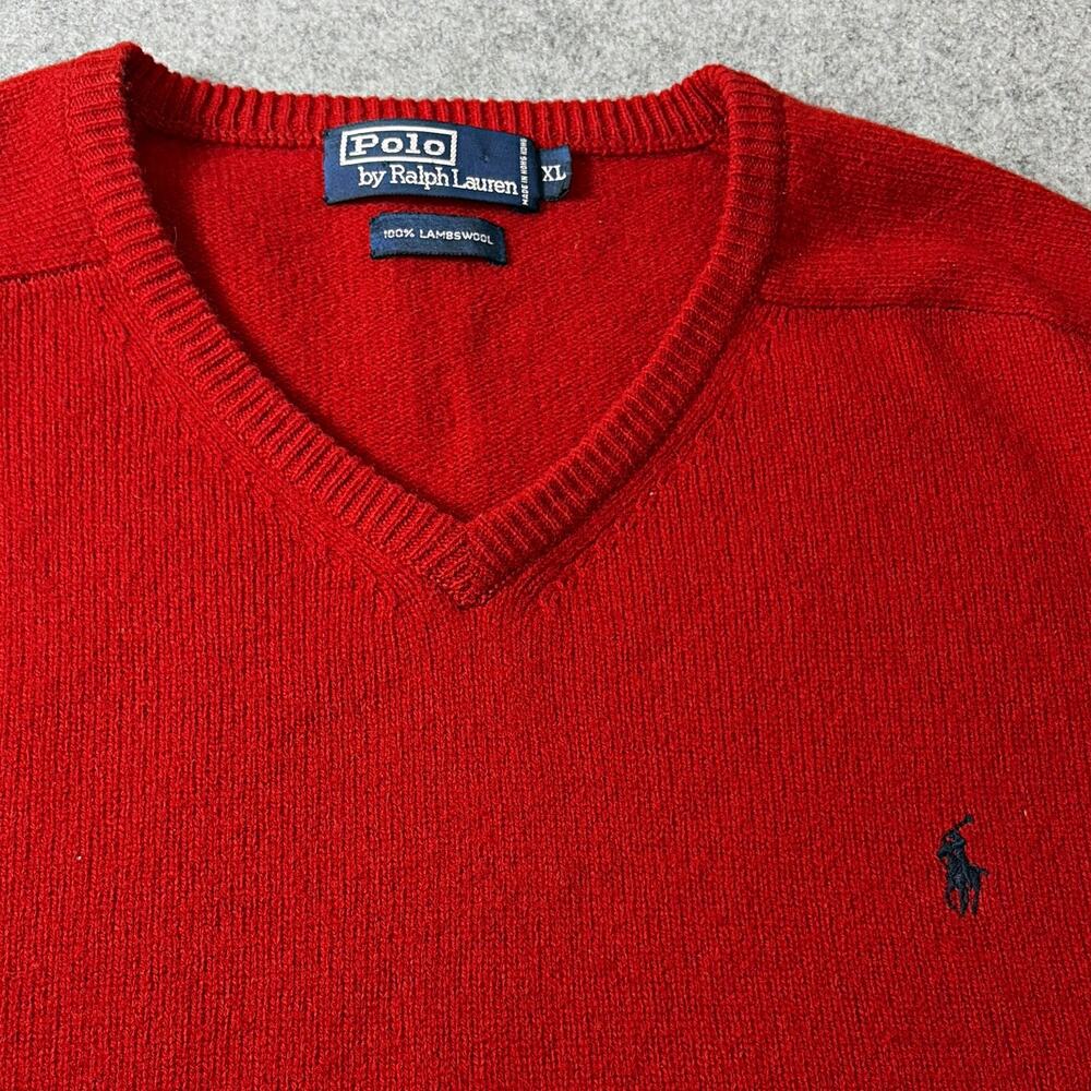 Polo by Ralph Lauren Men's Red Lambswool Knit V-Neck Pullover Sweater XL